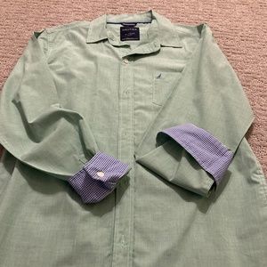 Green button down with blue plaid cuffs